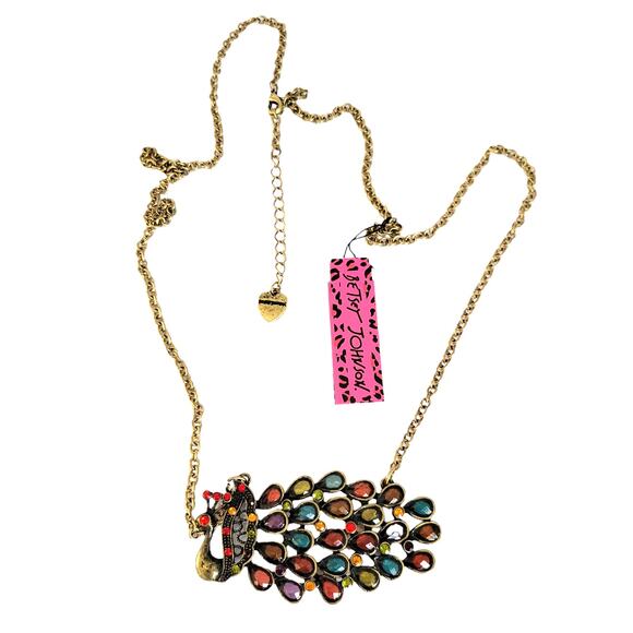 NWT Betsey Johnson Necklace Women's Peacock Multicolored Gem Stone Gold Tone - Picture 1 of 8